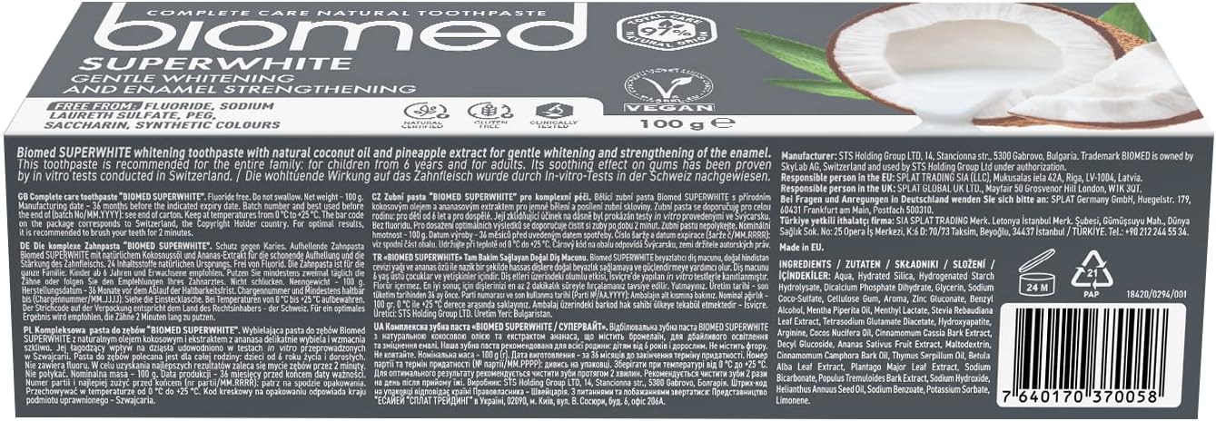 Pasta de dientes natural Biomed Superwhite con coco, pack de 3 unidades - Imagen 4