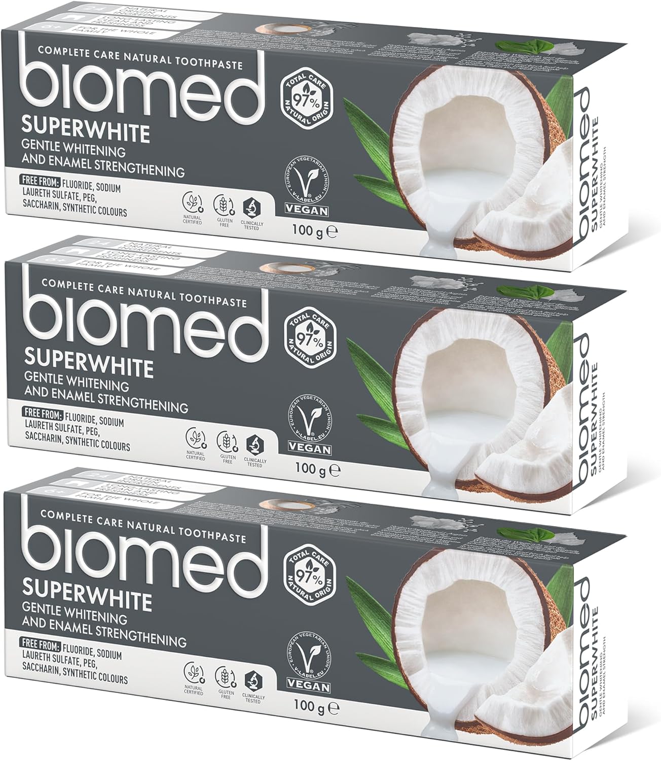 Pasta de dientes natural Biomed Superwhite con coco, pack de 3 unidades