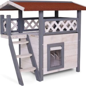 Casa de gatos de madera con terraza - Casa de gatos de madera con terraza Lionto 77x50x73 cm, gris/blanco