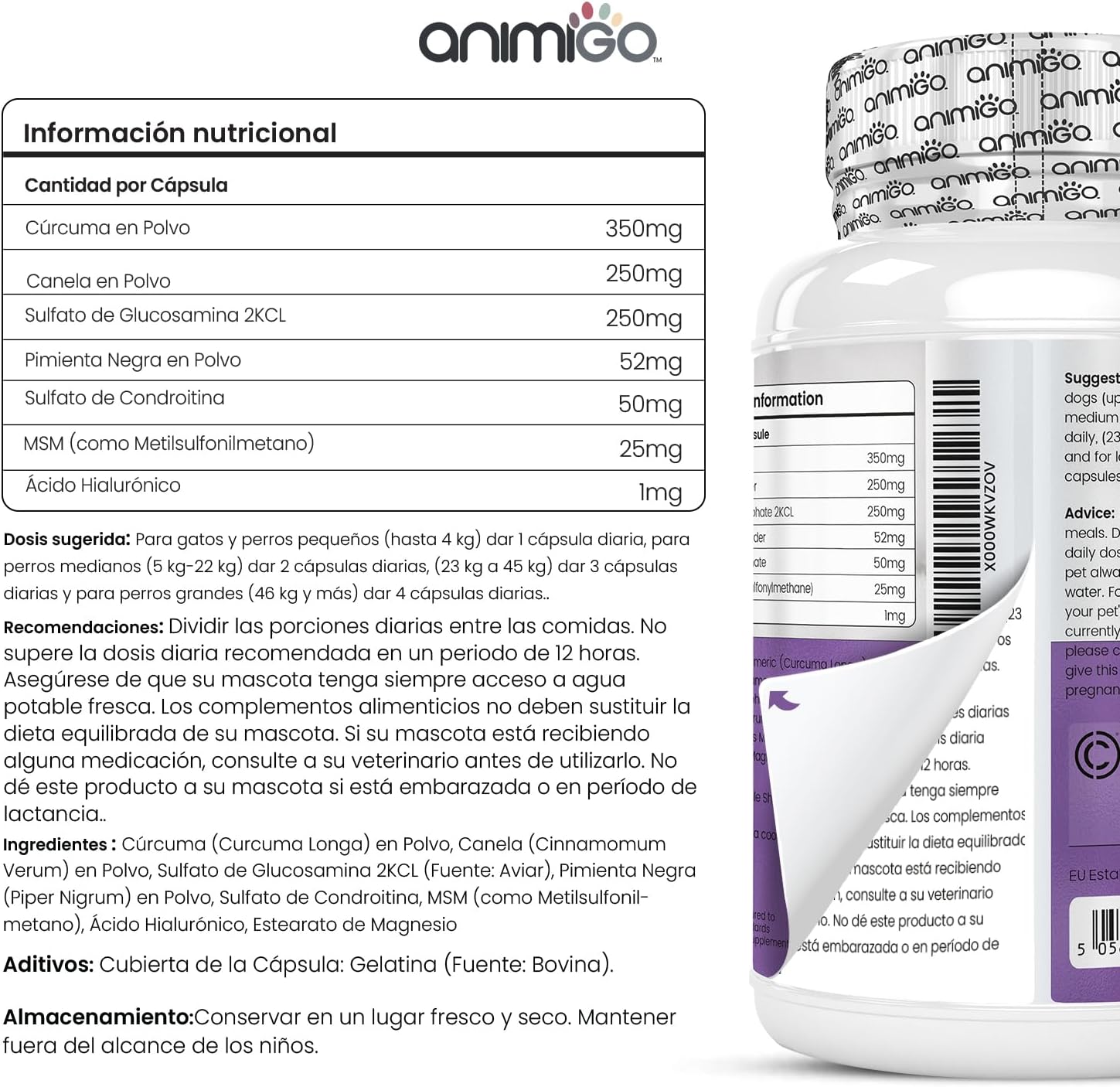 Condo protector para perros y gatos con glucosamina y cúrcuma - 120 cápsulas - detalle del producto