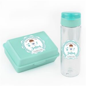 Pack botella 600ml y cajita porta alimentos menta personalizada para comunión niño